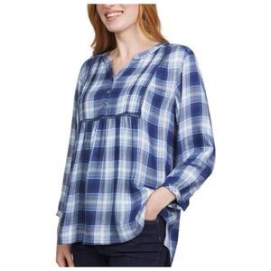 Wrangler Womens Plaid Tunic Top Size L Blue 3/4 Sleeve Relaxed